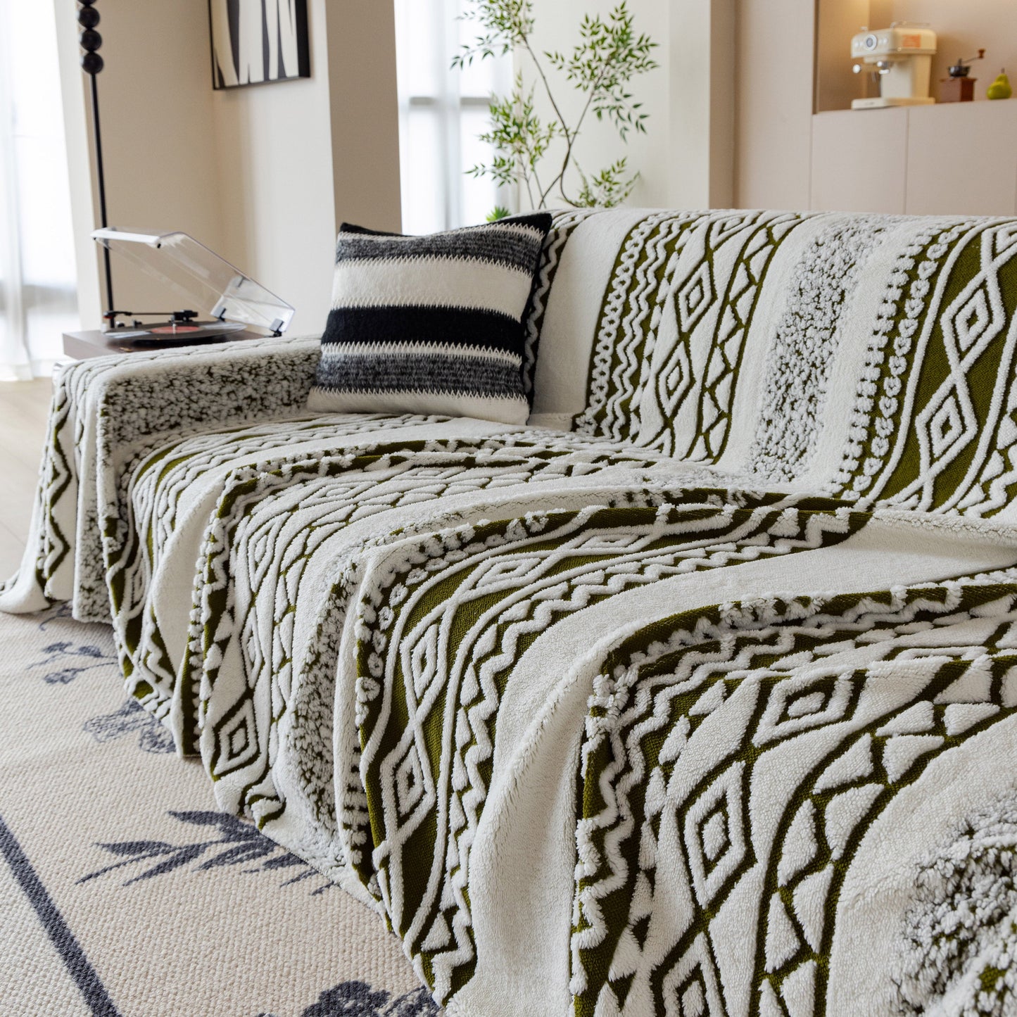 Bohemian Tufted Sofa Cover, Plush Sherpa Throw Blanket with 3D Woven Aztec Stripes