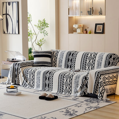 Bohemian Tufted Sofa Cover, Plush Sherpa Throw Blanket with 3D Woven Aztec Stripes