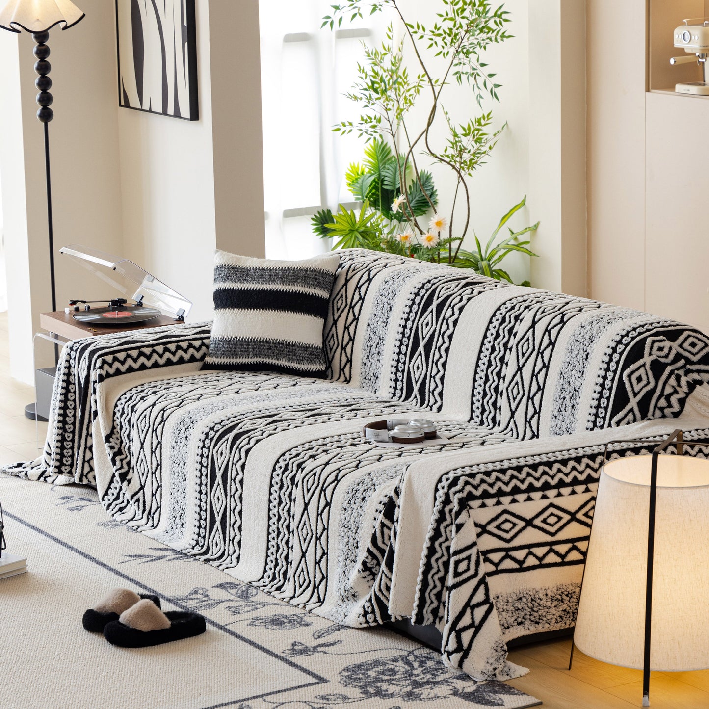 Bohemian Tufted Sofa Cover, Plush Sherpa Throw Blanket with 3D Woven Aztec Stripes