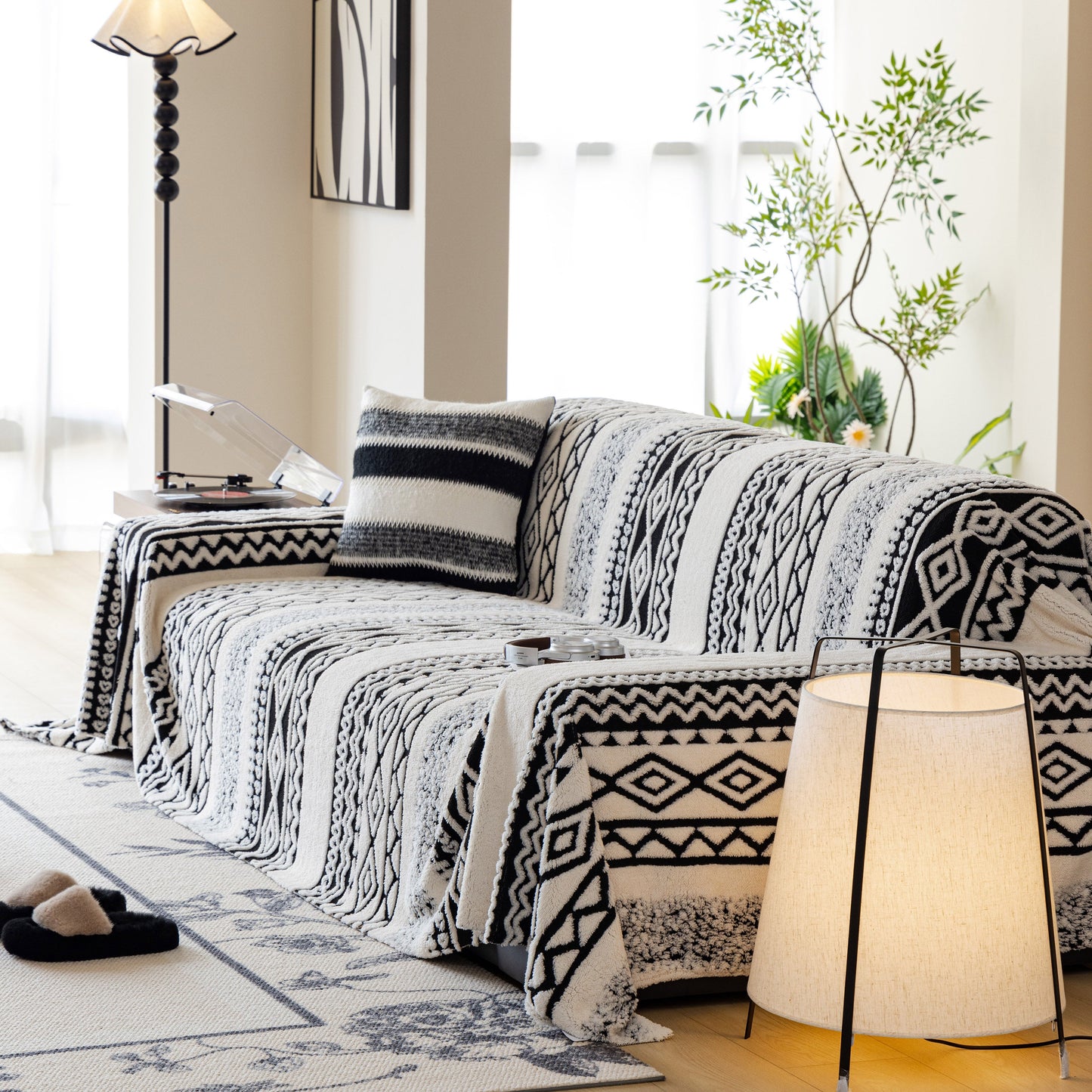 Bohemian Tufted Sofa Cover, Plush Sherpa Throw Blanket with 3D Woven Aztec Stripes