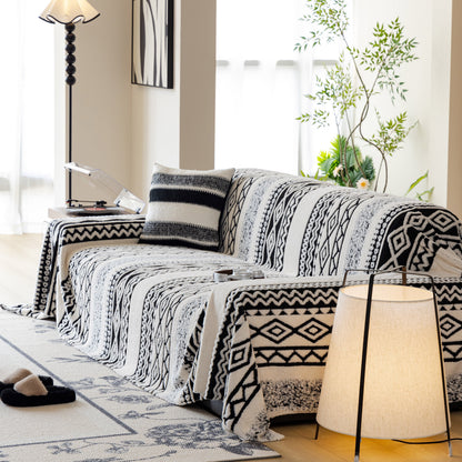 Bohemian Tufted Sofa Cover, Plush Sherpa Throw Blanket with 3D Woven Aztec Stripes