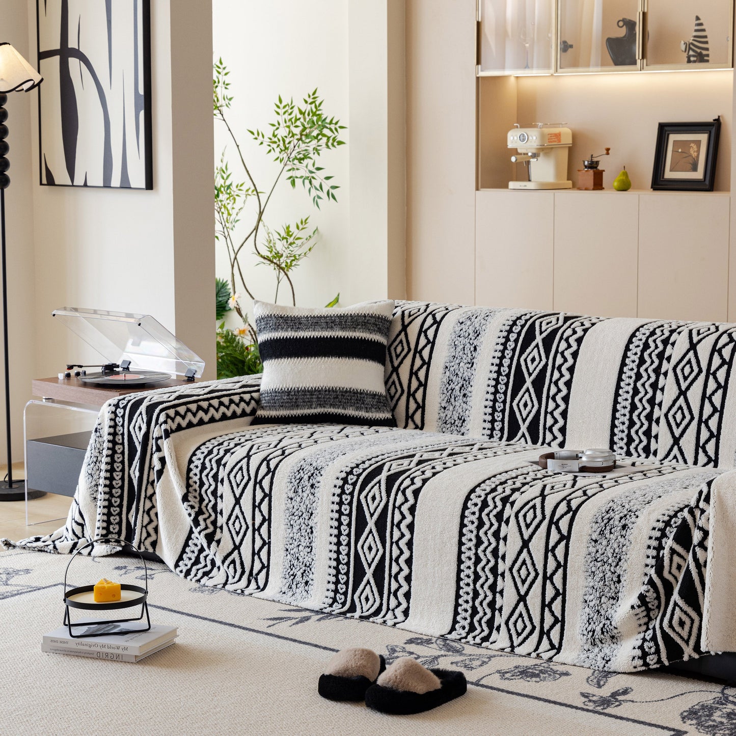 Bohemian Tufted Sofa Cover, Plush Sherpa Throw Blanket with 3D Woven Aztec Stripes