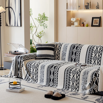 Bohemian Tufted Sofa Cover, Plush Sherpa Throw Blanket with 3D Woven Aztec Stripes