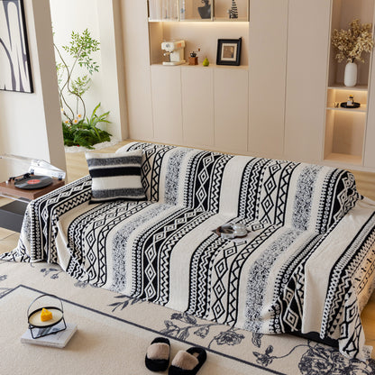 Bohemian Tufted Sofa Cover, Plush Sherpa Throw Blanket with 3D Woven Aztec Stripes