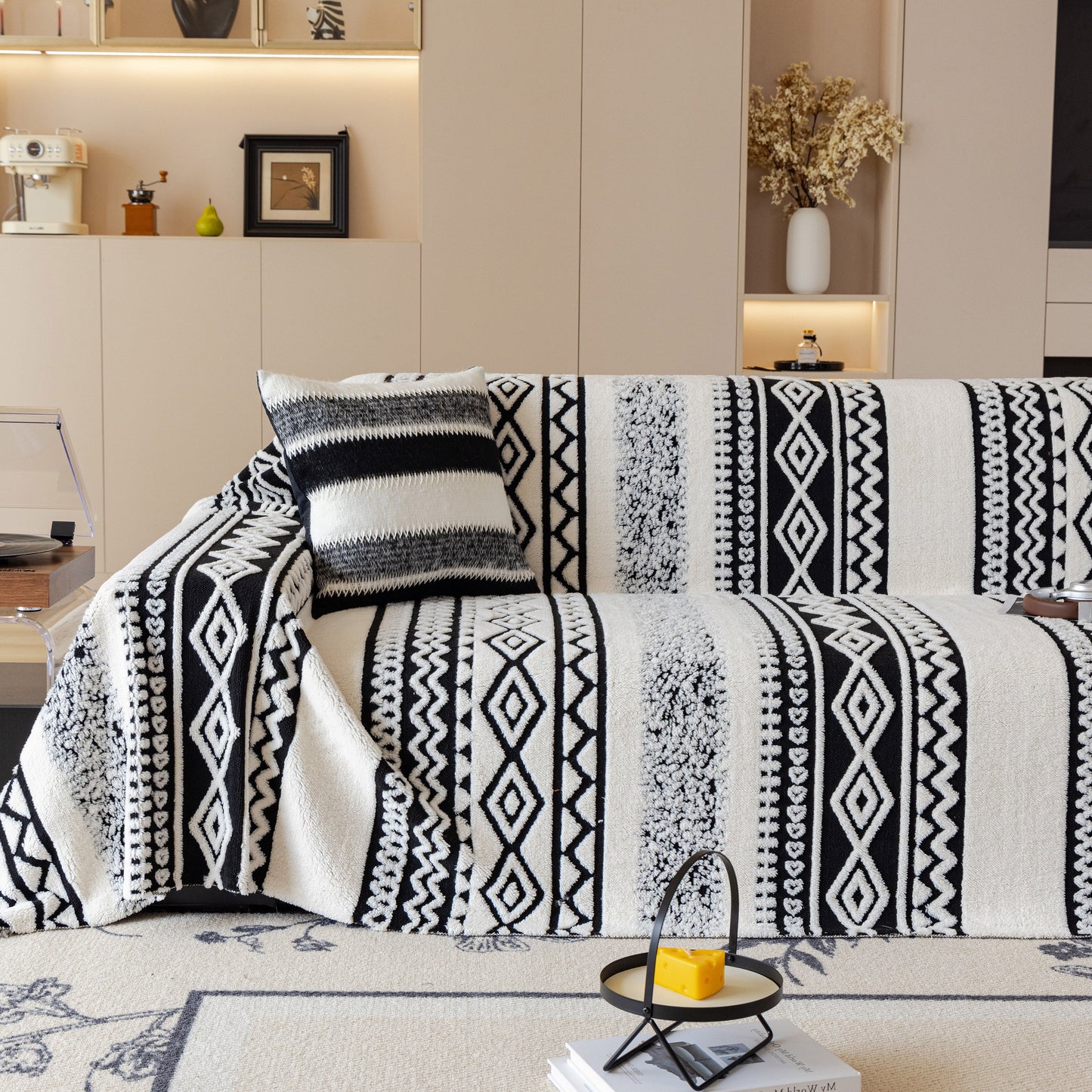 Bohemian Tufted Sofa Cover, Plush Sherpa Throw Blanket with 3D Woven Aztec Stripes