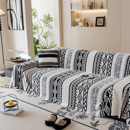 Bohemian Tufted Sofa Cover, Plush Sherpa Throw Blanket with 3D Woven Aztec Stripes