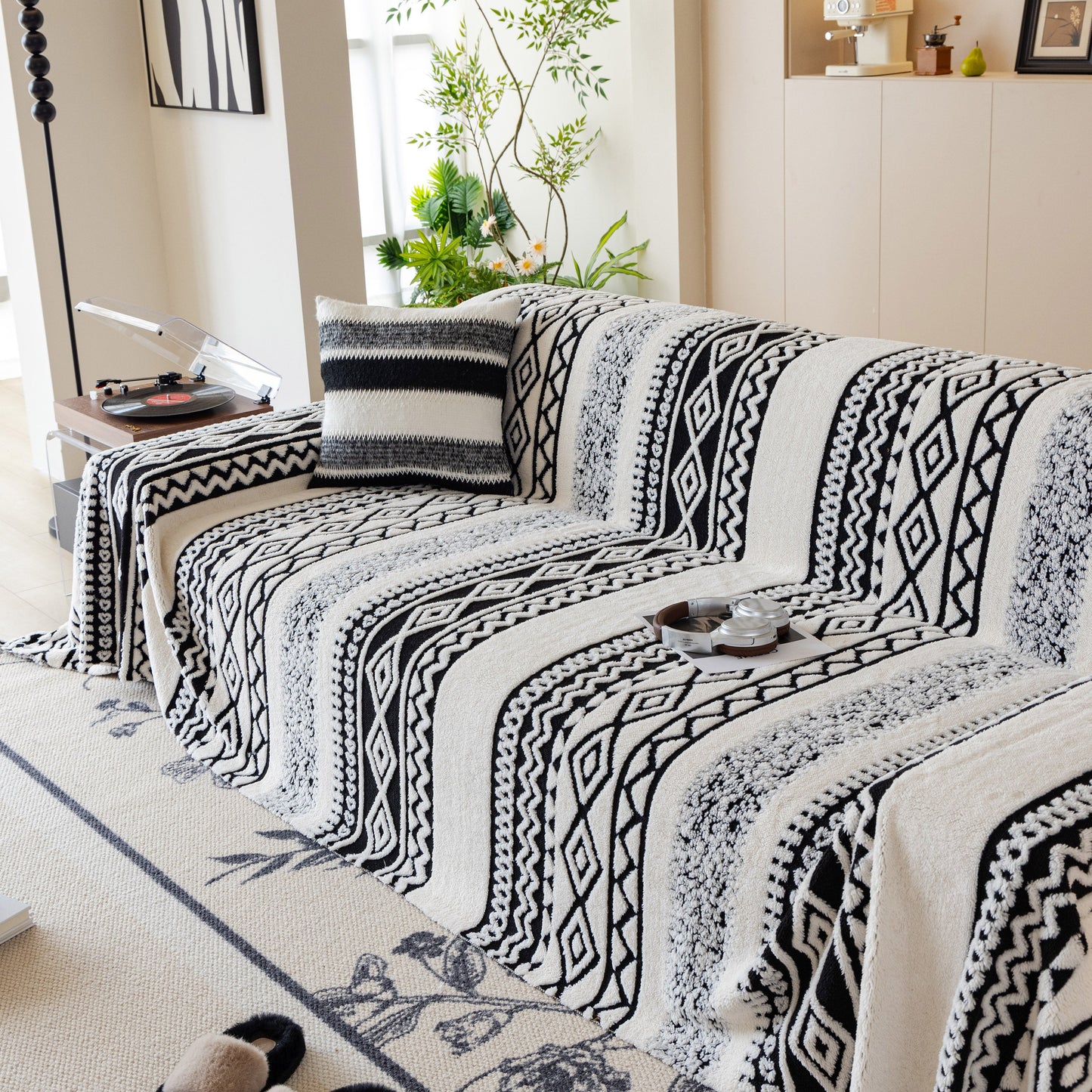 Bohemian Tufted Sofa Cover, Plush Sherpa Throw Blanket with 3D Woven Aztec Stripes