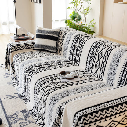 Bohemian Tufted Sofa Cover, Plush Sherpa Throw Blanket with 3D Woven Aztec Stripes