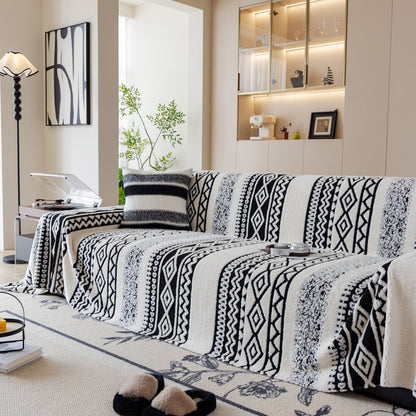 Bohemian Tufted Sofa Cover, Plush Sherpa Throw Blanket with 3D Woven Aztec Stripes