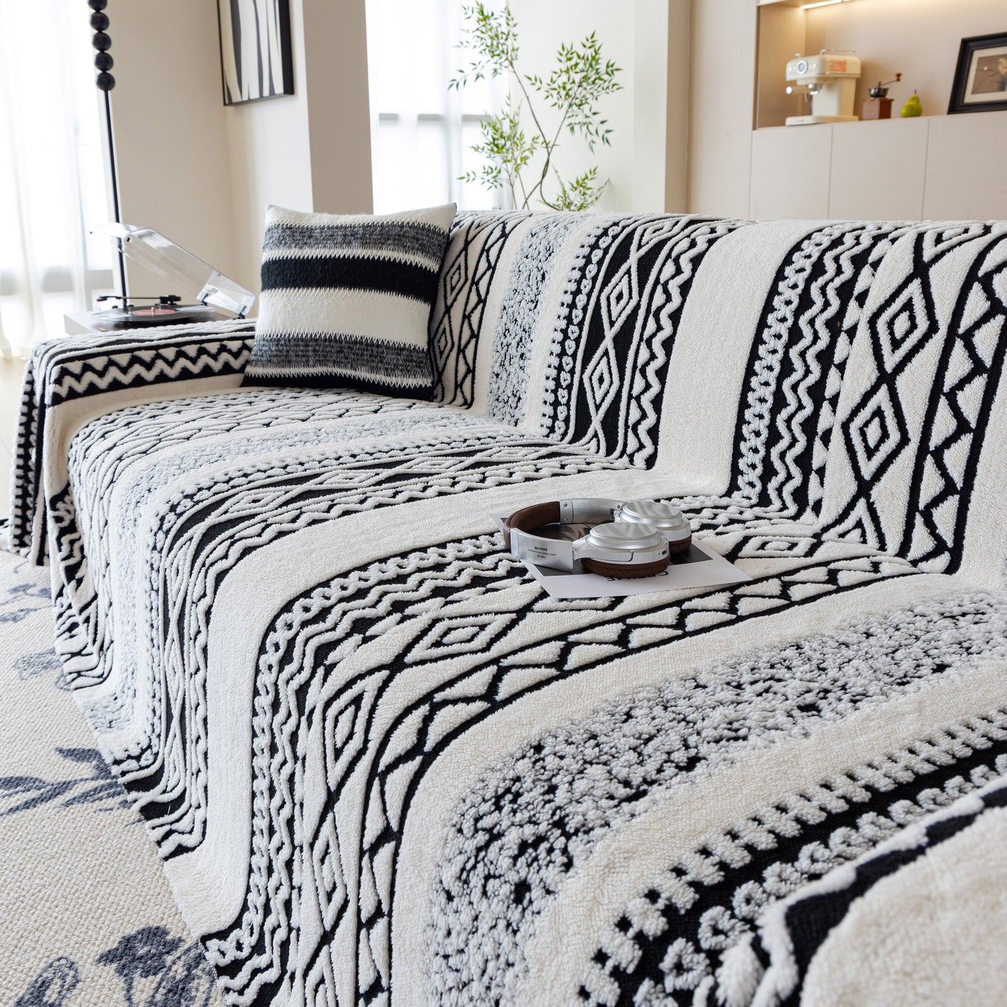 Bohemian Tufted Sofa Cover, Plush Sherpa Throw Blanket with 3D Woven Aztec Stripes