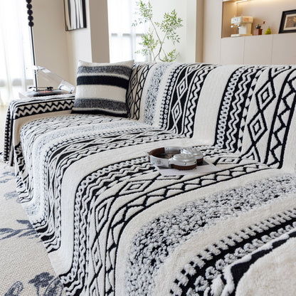 Bohemian Tufted Sofa Cover, Plush Sherpa Throw Blanket with 3D Woven Aztec Stripes