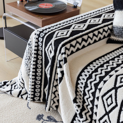Bohemian Tufted Sofa Cover, Plush Sherpa Throw Blanket with 3D Woven Aztec Stripes