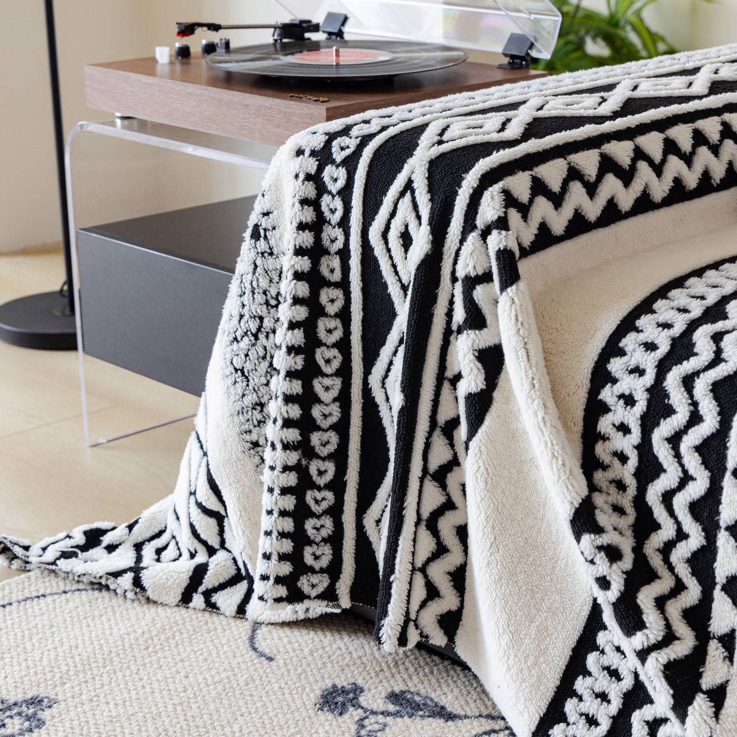 Bohemian Tufted Sofa Cover, Plush Sherpa Throw Blanket with 3D Woven Aztec Stripes