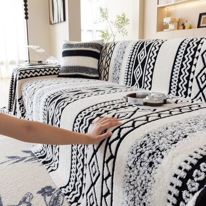 Bohemian Tufted Sofa Cover, Plush Sherpa Throw Blanket with 3D Woven Aztec Stripes