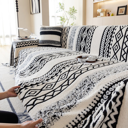 Bohemian Tufted Sofa Cover, Plush Sherpa Throw Blanket with 3D Woven Aztec Stripes