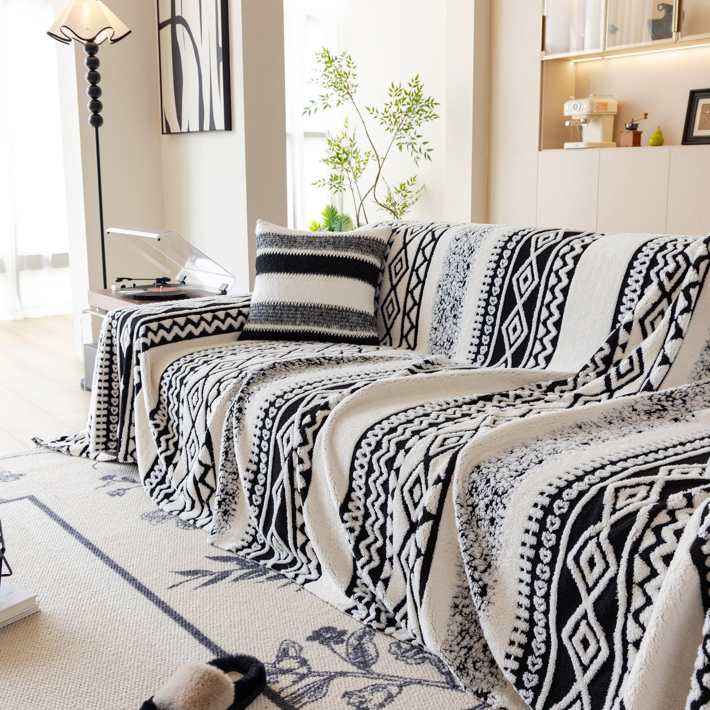 Bohemian Tufted Sofa Cover, Plush Sherpa Throw Blanket with 3D Woven Aztec Stripes