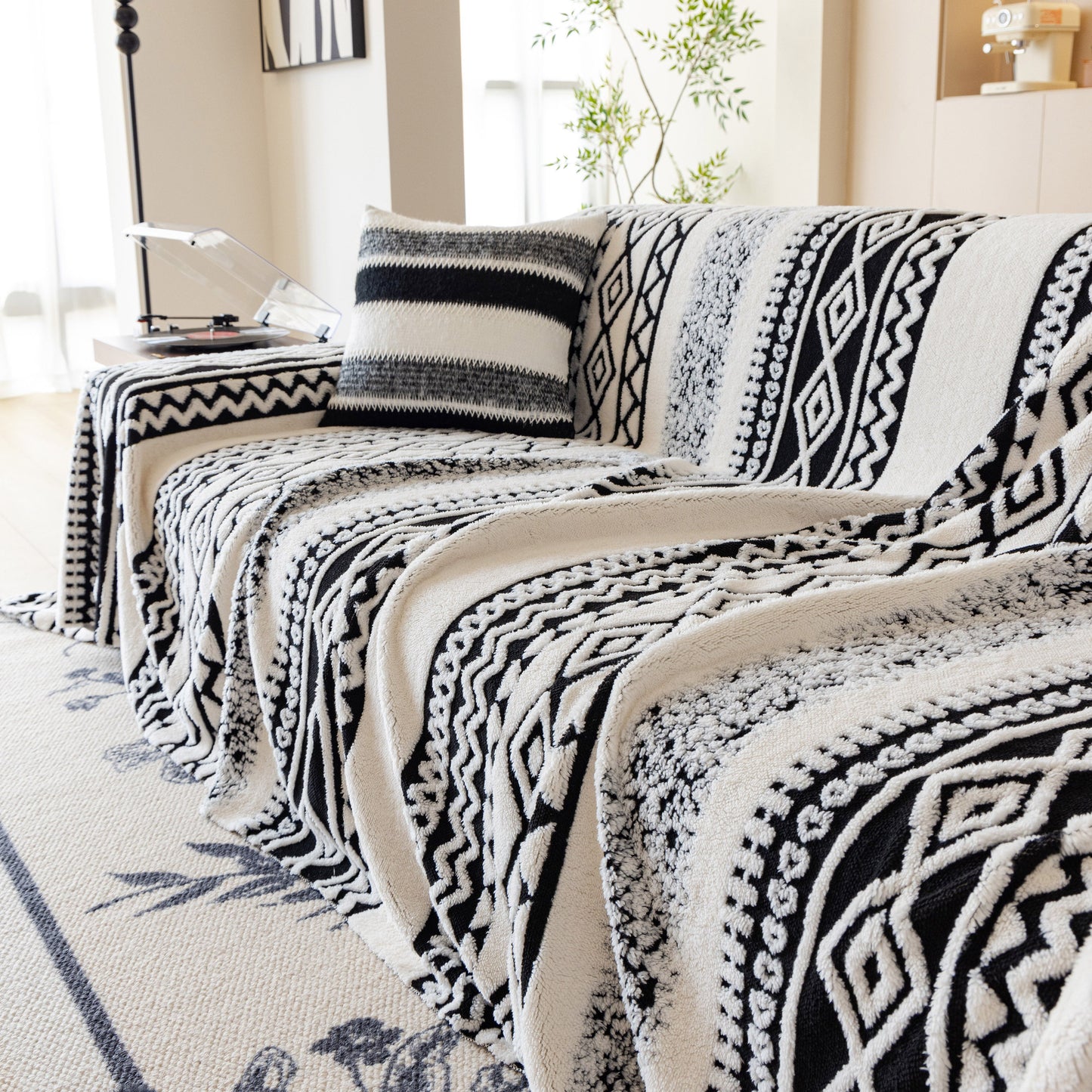 Bohemian Tufted Sofa Cover, Plush Sherpa Throw Blanket with 3D Woven Aztec Stripes