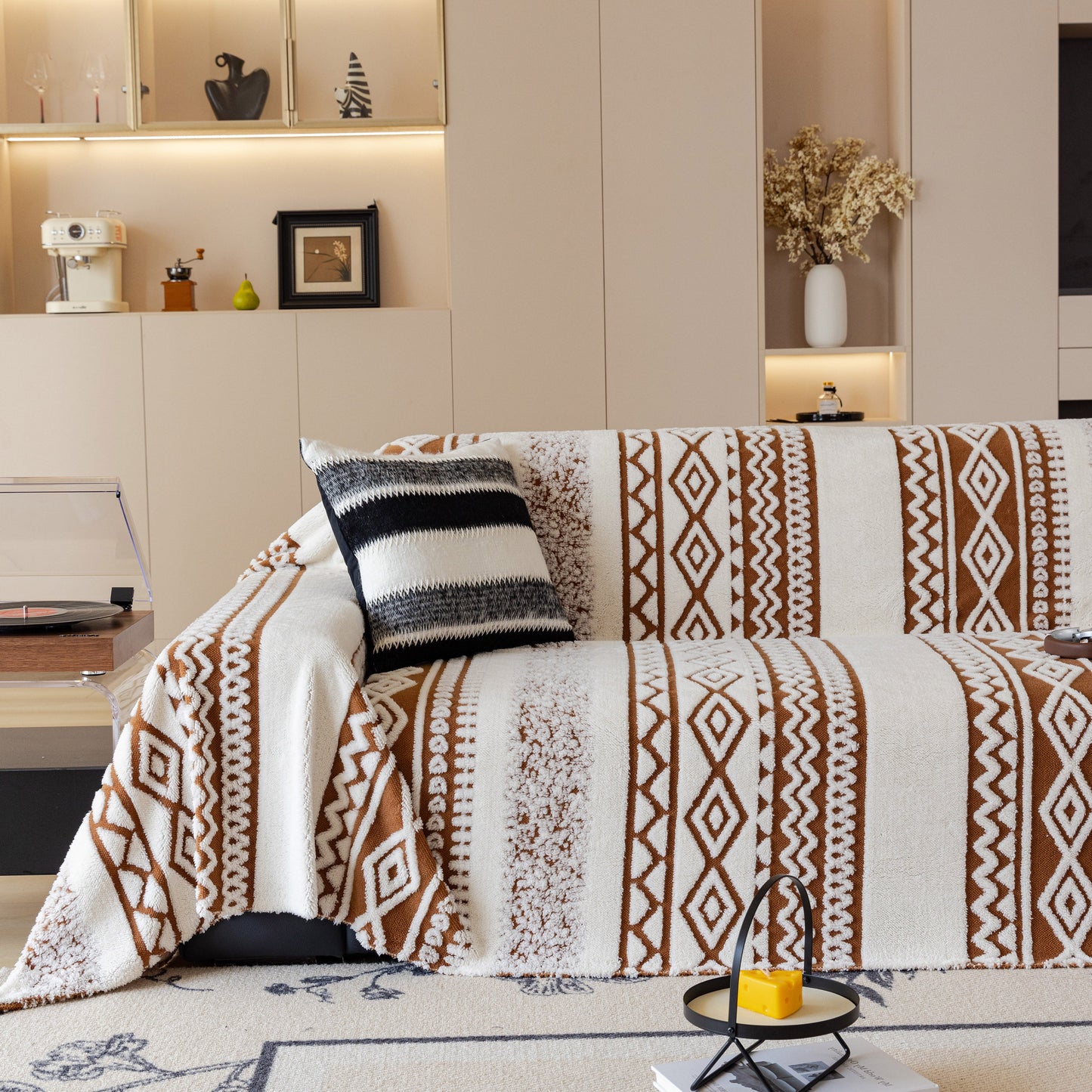 Bohemian Tufted Sofa Cover, Plush Sherpa Throw Blanket with 3D Woven Aztec Stripes