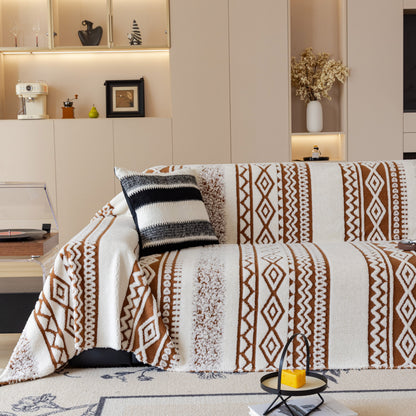 Bohemian Tufted Sofa Cover, Plush Sherpa Throw Blanket with 3D Woven Aztec Stripes