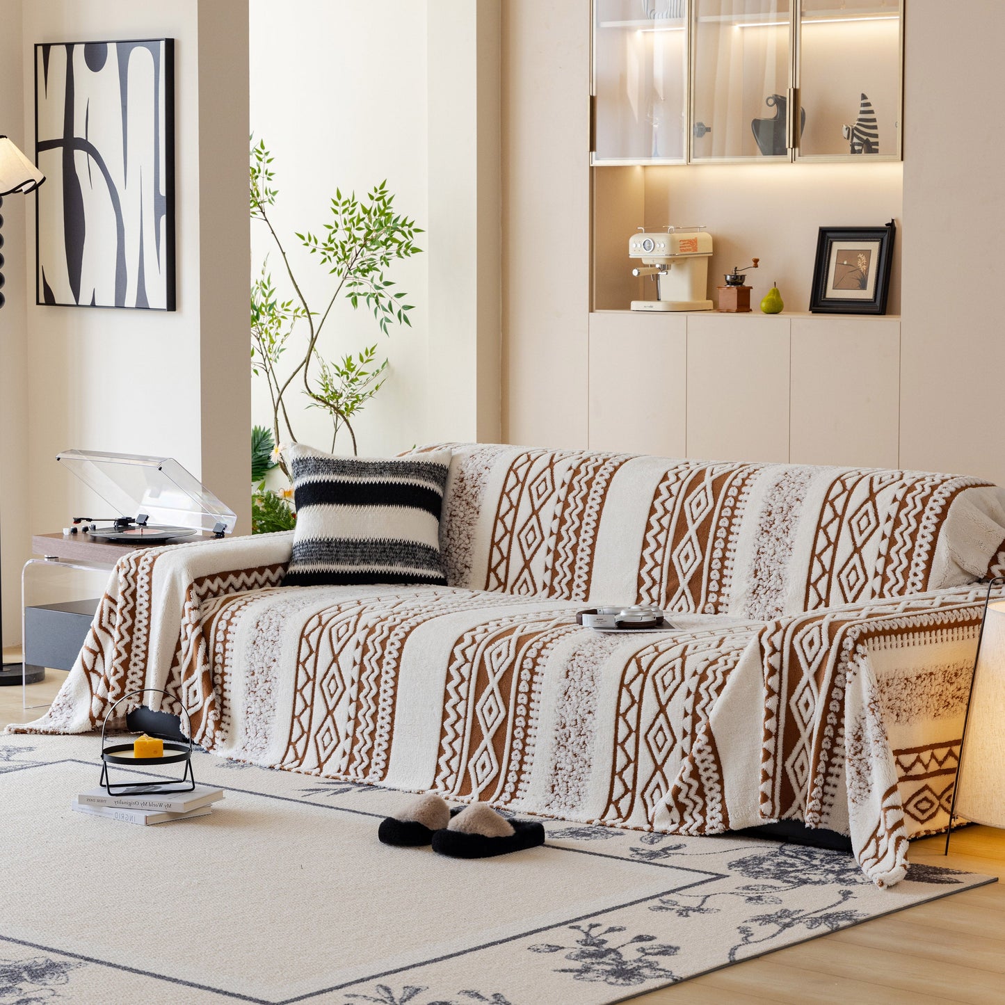 Bohemian Tufted Sofa Cover, Plush Sherpa Throw Blanket with 3D Woven Aztec Stripes