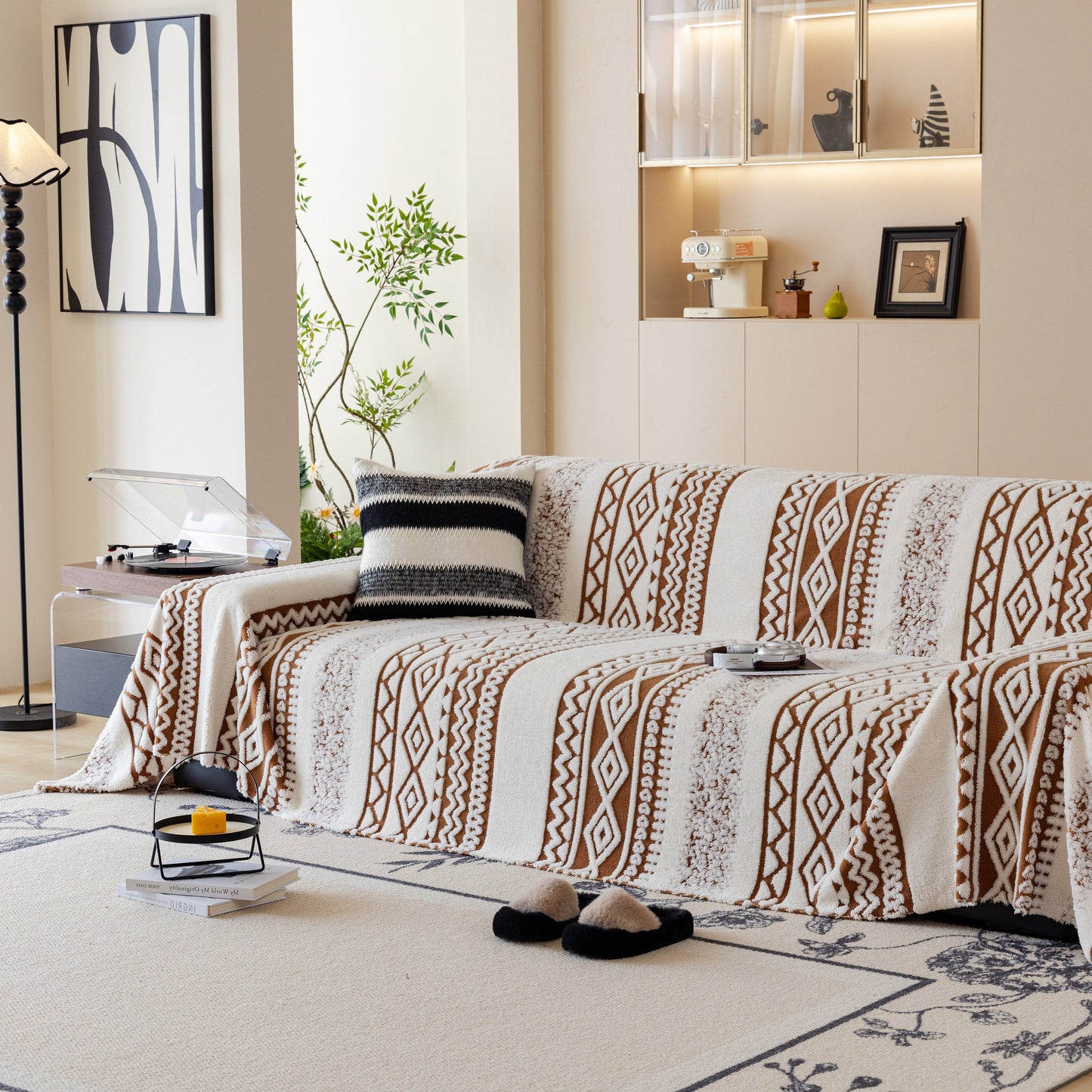 Bohemian Tufted Sofa Cover, Plush Sherpa Throw Blanket with 3D Woven Aztec Stripes