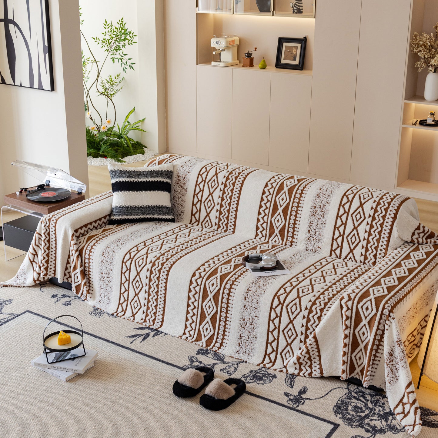 Bohemian Tufted Sofa Cover, Plush Sherpa Throw Blanket with 3D Woven Aztec Stripes