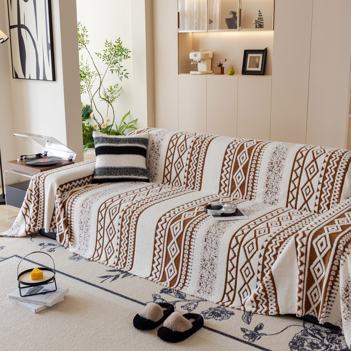 Bohemian Tufted Sofa Cover, Plush Sherpa Throw Blanket with 3D Woven Aztec Stripes