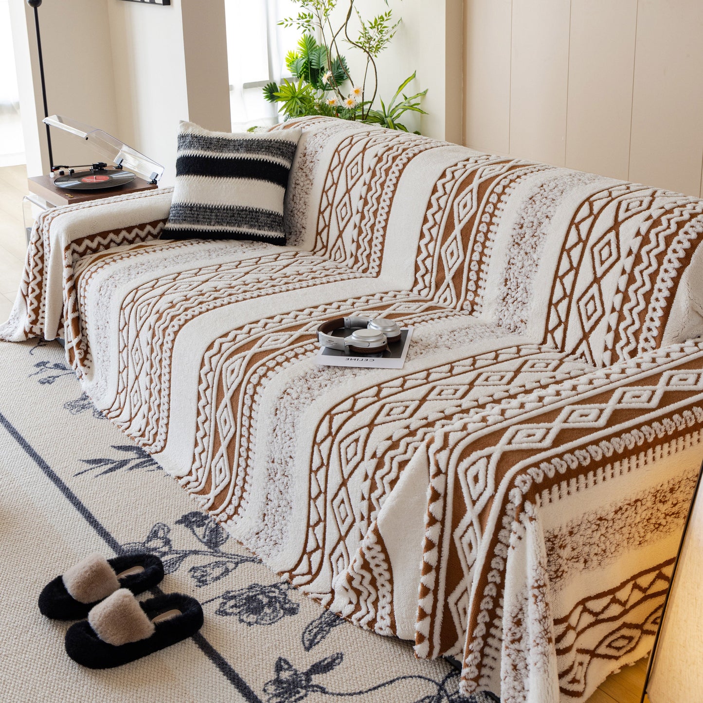 Bohemian Tufted Sofa Cover, Plush Sherpa Throw Blanket with 3D Woven Aztec Stripes