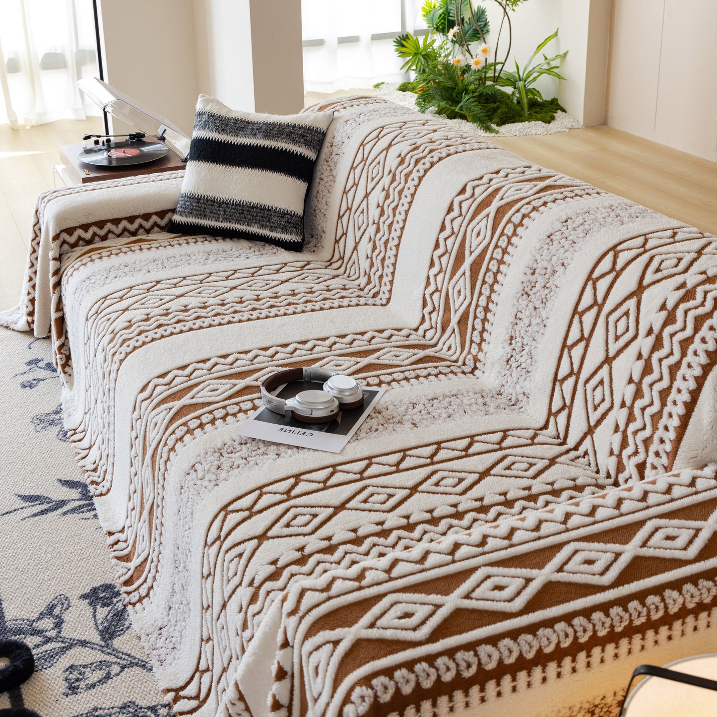 Bohemian Tufted Sofa Cover, Plush Sherpa Throw Blanket with 3D Woven Aztec Stripes