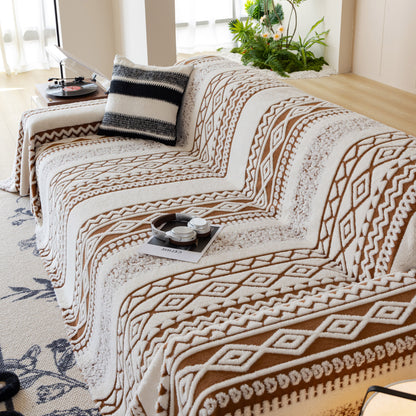 Bohemian Tufted Sofa Cover, Plush Sherpa Throw Blanket with 3D Woven Aztec Stripes