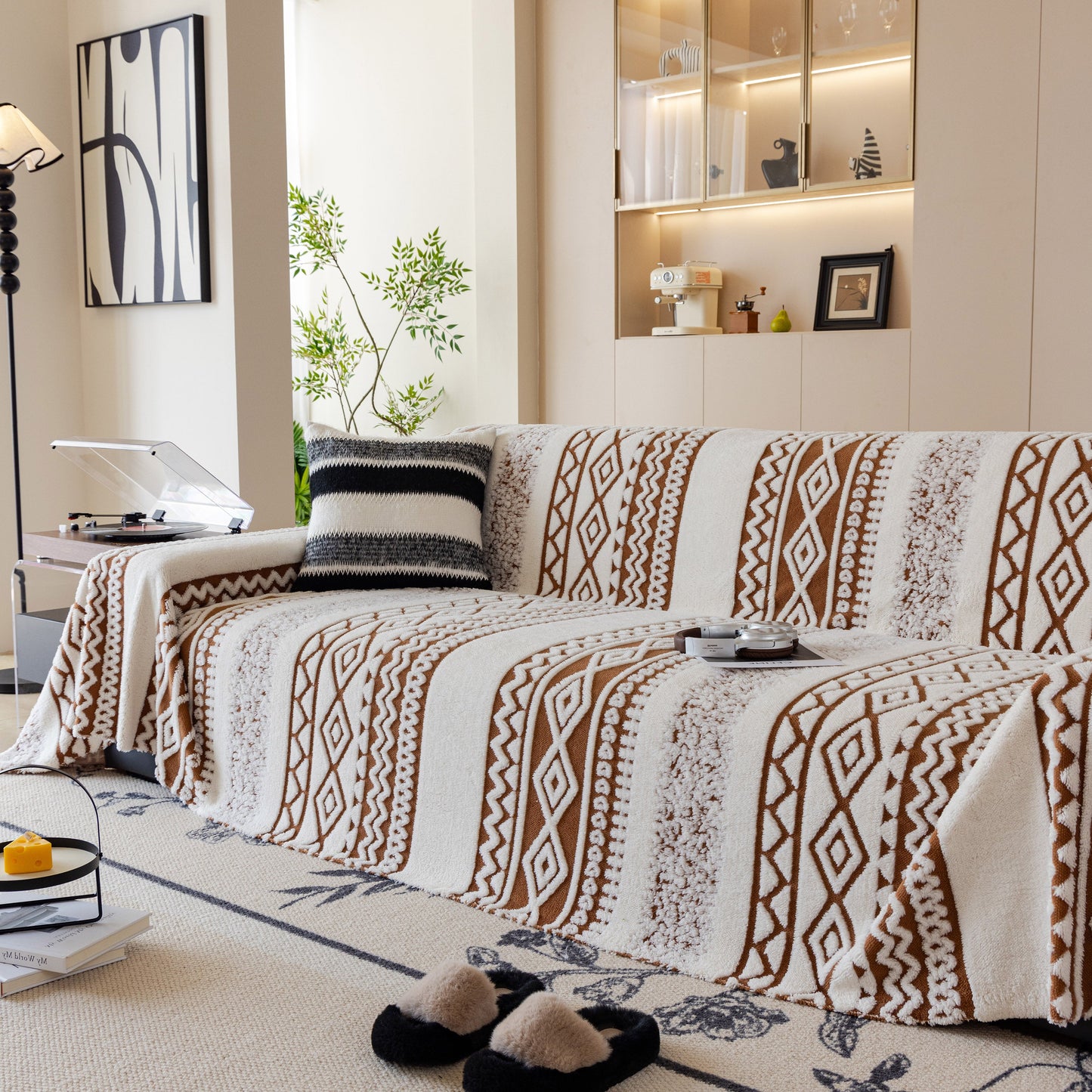 Bohemian Tufted Sofa Cover, Plush Sherpa Throw Blanket with 3D Woven Aztec Stripes