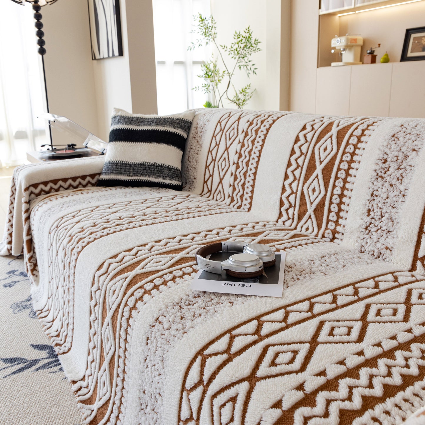 Bohemian Tufted Sofa Cover, Plush Sherpa Throw Blanket with 3D Woven Aztec Stripes