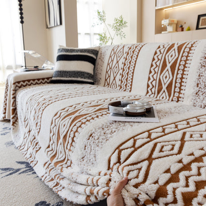 Bohemian Tufted Sofa Cover, Plush Sherpa Throw Blanket with 3D Woven Aztec Stripes