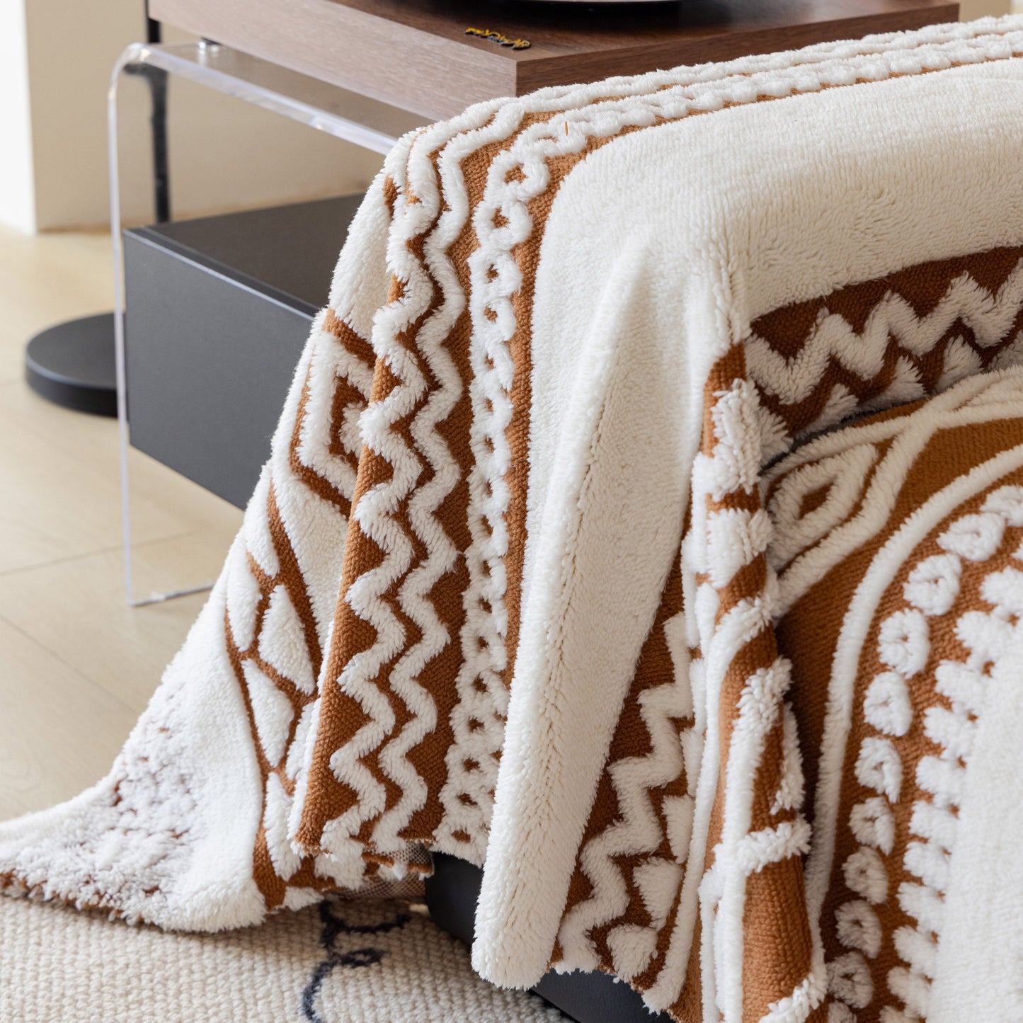 Bohemian Tufted Sofa Cover, Plush Sherpa Throw Blanket with 3D Woven Aztec Stripes