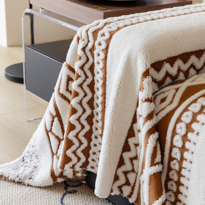 Bohemian Tufted Sofa Cover, Plush Sherpa Throw Blanket with 3D Woven Aztec Stripes