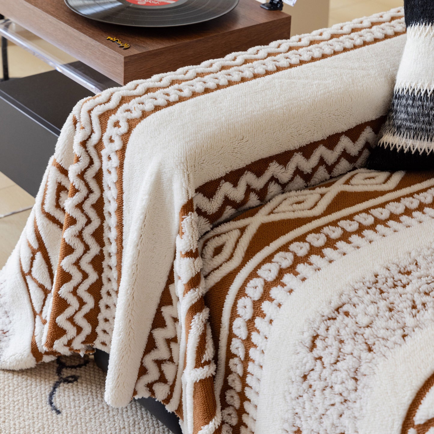 Bohemian Tufted Sofa Cover, Plush Sherpa Throw Blanket with 3D Woven Aztec Stripes