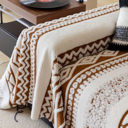Bohemian Tufted Sofa Cover, Plush Sherpa Throw Blanket with 3D Woven Aztec Stripes