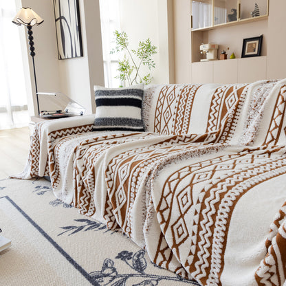 Bohemian Tufted Sofa Cover, Plush Sherpa Throw Blanket with 3D Woven Aztec Stripes