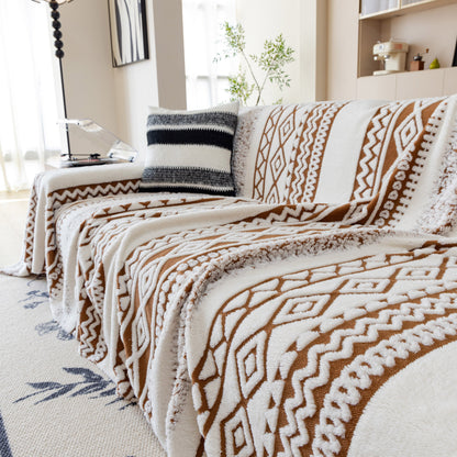 Bohemian Tufted Sofa Cover, Plush Sherpa Throw Blanket with 3D Woven Aztec Stripes