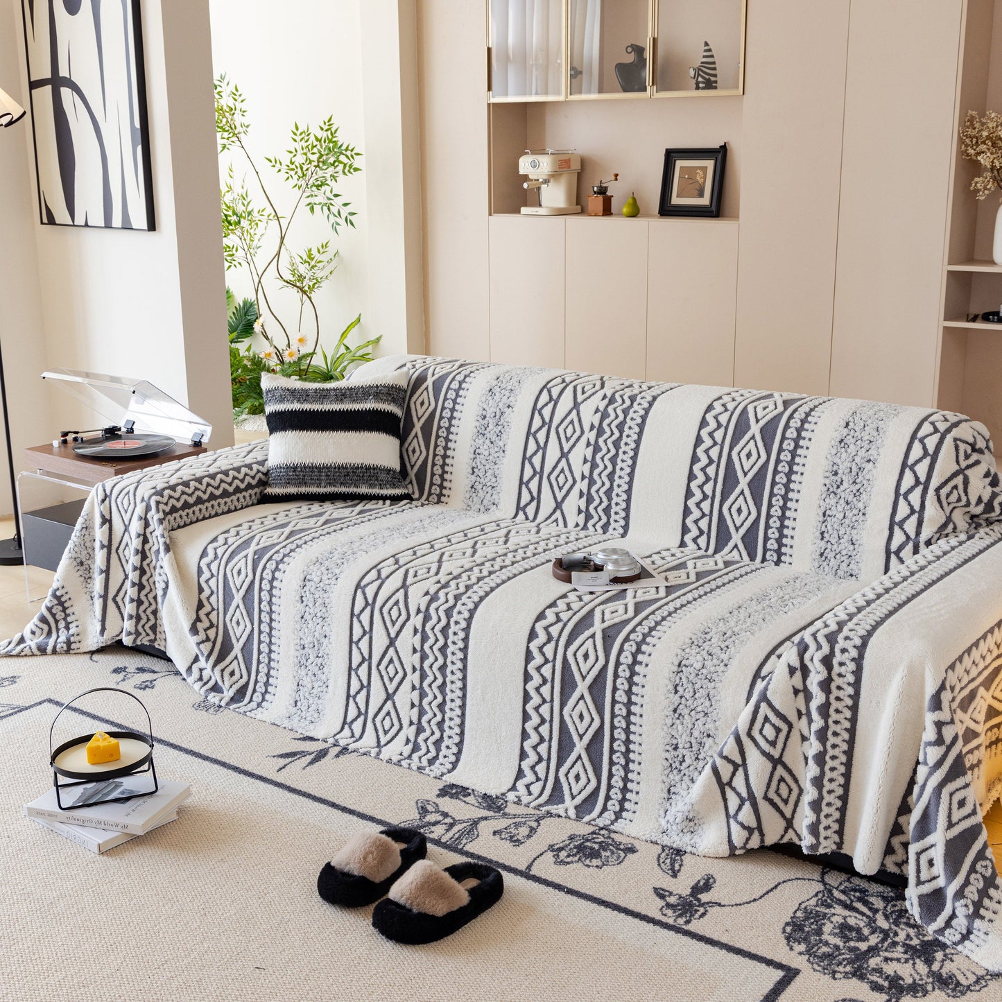 Bohemian Tufted Sofa Cover, Plush Sherpa Throw Blanket with 3D Woven Aztec Stripes