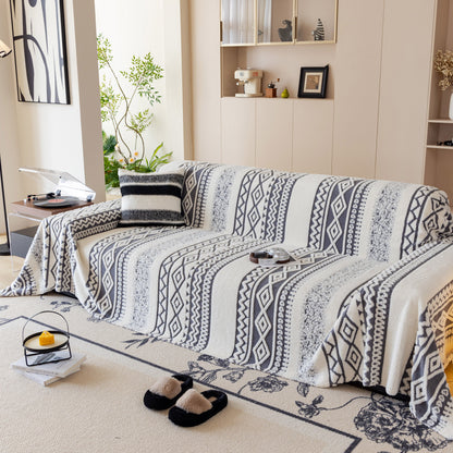 Bohemian Tufted Sofa Cover, Plush Sherpa Throw Blanket with 3D Woven Aztec Stripes