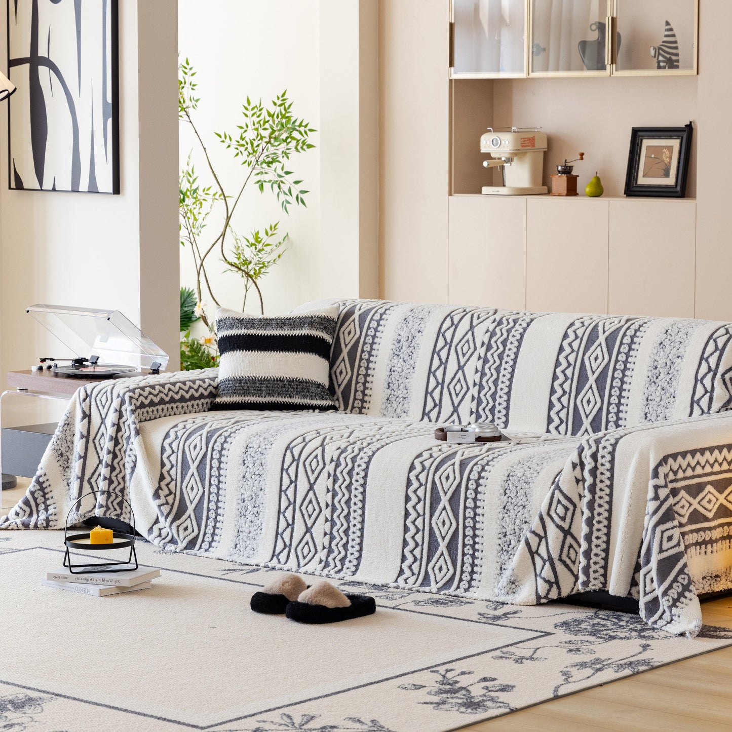 Bohemian Tufted Sofa Cover, Plush Sherpa Throw Blanket with 3D Woven Aztec Stripes