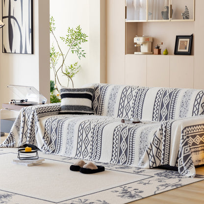 Bohemian Tufted Sofa Cover, Plush Sherpa Throw Blanket with 3D Woven Aztec Stripes