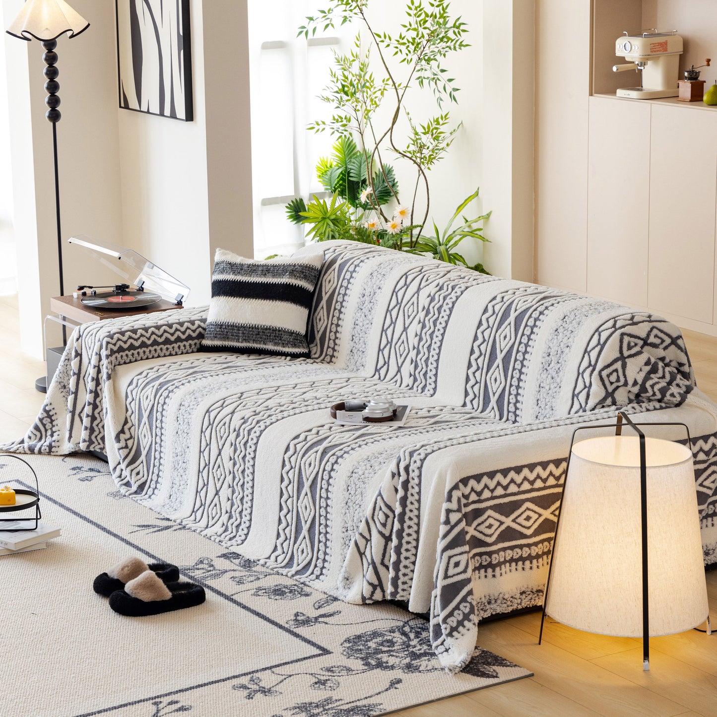 Bohemian Tufted Sofa Cover, Plush Sherpa Throw Blanket with 3D Woven Aztec Stripes
