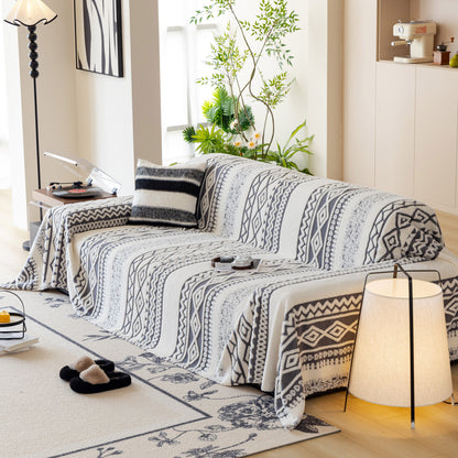 Bohemian Tufted Sofa Cover, Plush Sherpa Throw Blanket with 3D Woven Aztec Stripes