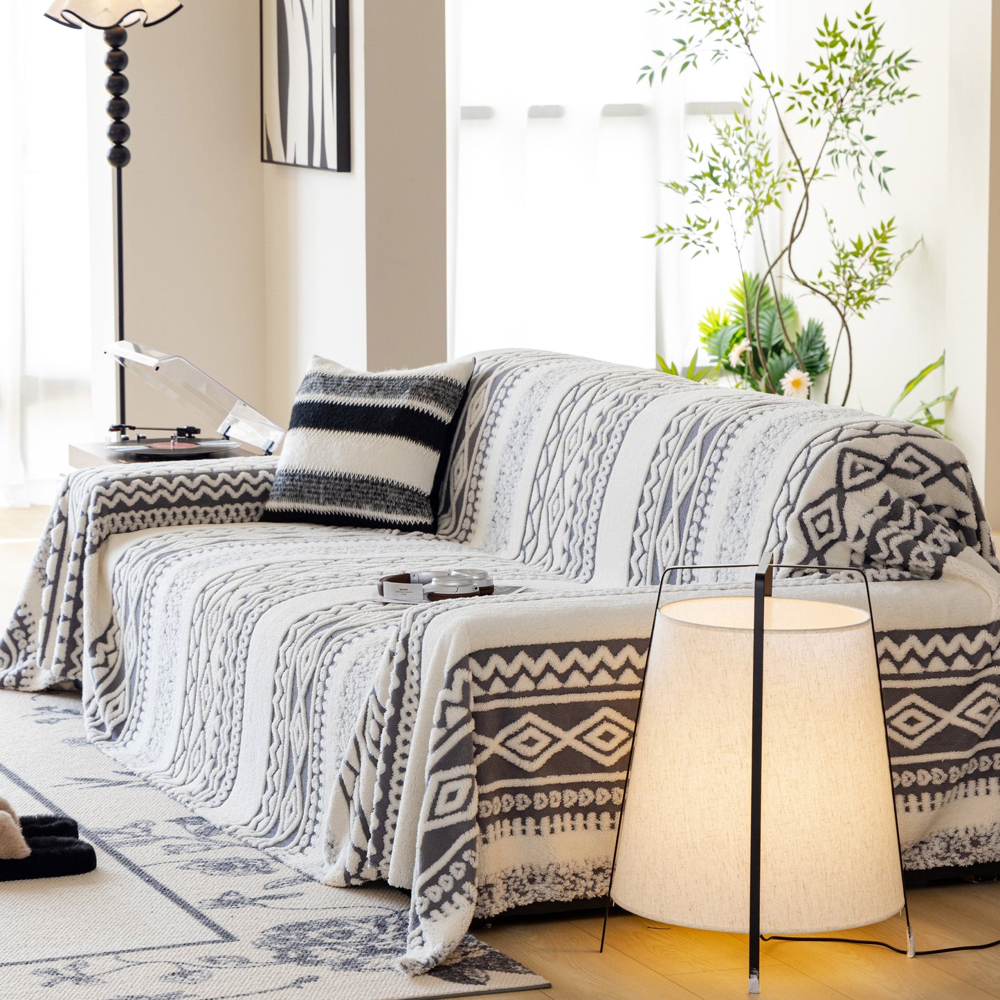 Bohemian Tufted Sofa Cover, Plush Sherpa Throw Blanket with 3D Woven Aztec Stripes