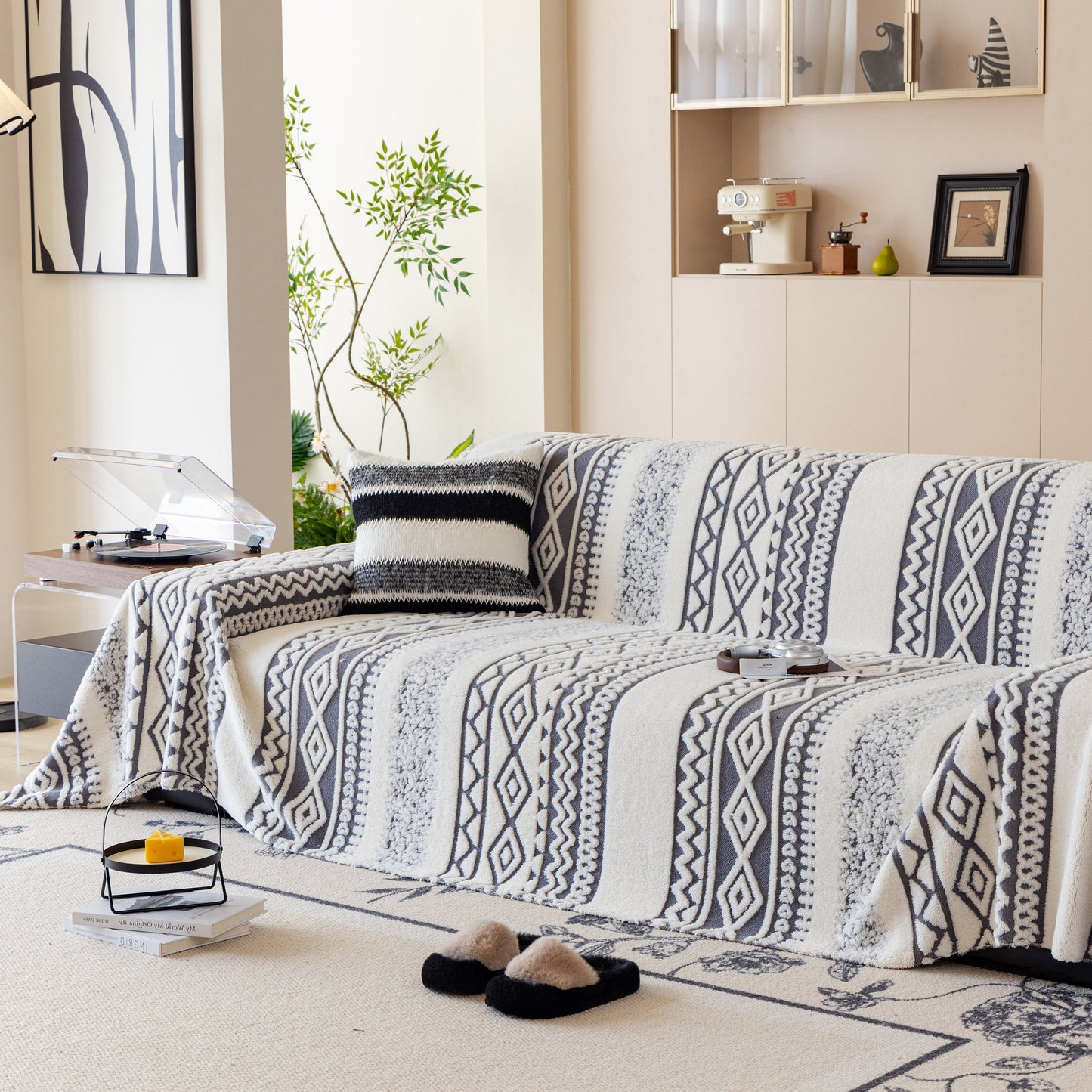 Bohemian Tufted Sofa Cover, Plush Sherpa Throw Blanket with 3D Woven Aztec Stripes