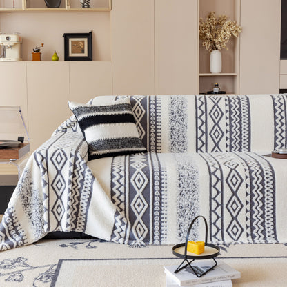 Bohemian Tufted Sofa Cover, Plush Sherpa Throw Blanket with 3D Woven Aztec Stripes