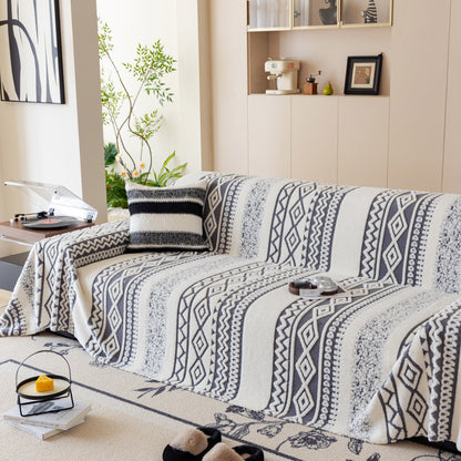 Bohemian Tufted Sofa Cover, Plush Sherpa Throw Blanket with 3D Woven Aztec Stripes
