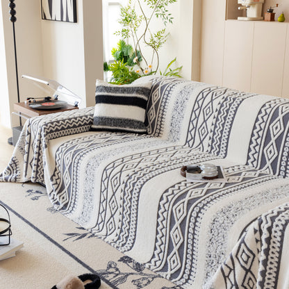 Bohemian Tufted Sofa Cover, Plush Sherpa Throw Blanket with 3D Woven Aztec Stripes